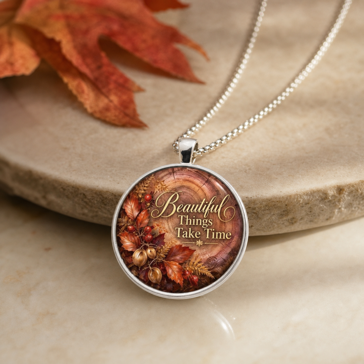 Beautiful Things Take Time Autumn Floral Pendant Necklace,Studio7Fashion