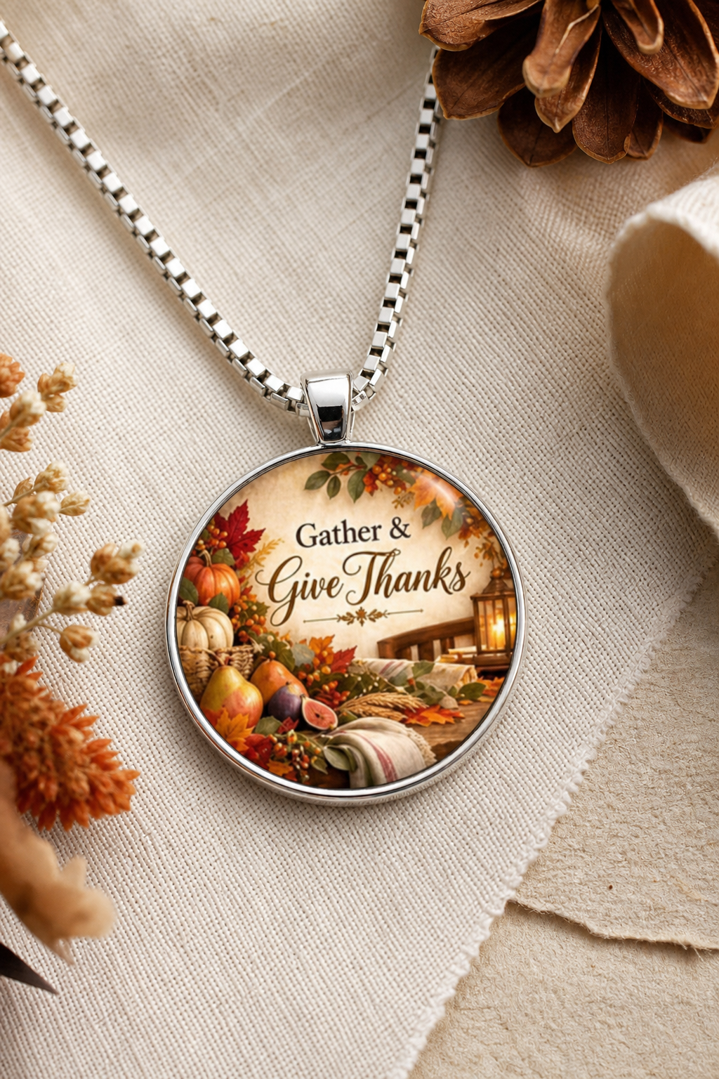 Gather & Give Thanks Thanksgiving Round Pendant Necklace,Studio7Fashion