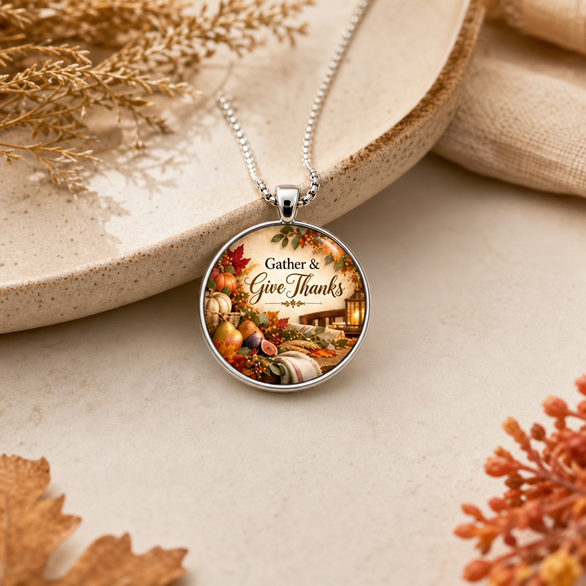 Gather & Give Thanks Thanksgiving Round Pendant Necklace,Studio7Fashion