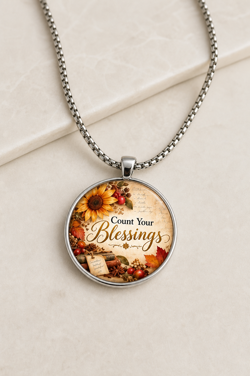 necklace, count your blessings, harvest, autumn, fall, floral, inspirational, faith, gift, stainless steel,Studio7Fashion