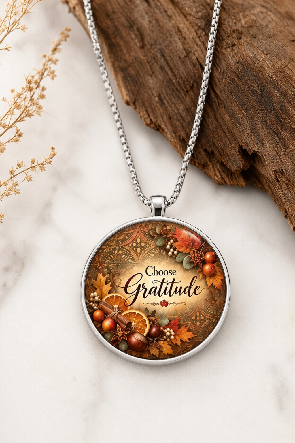 Choose Gratitude Autumn Round Pendant Necklace,Studio7Fashion