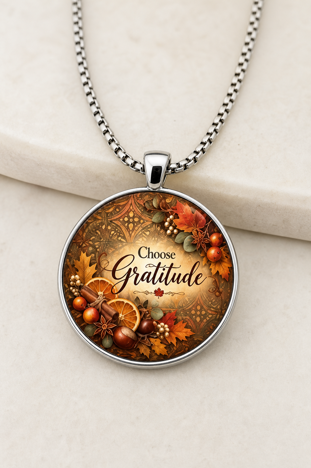 necklace, pendant necklace, autumn jewelry, fall jewelry, gratitude, Choose Gratitude, Thanksgiving gift, seasonal jewelry, gift, round pendant, orange jewelry, Studio7Fashion,Studio7Fashion