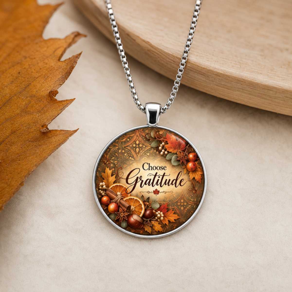 Choose Gratitude Autumn Round Pendant Necklace,Studio7Fashion