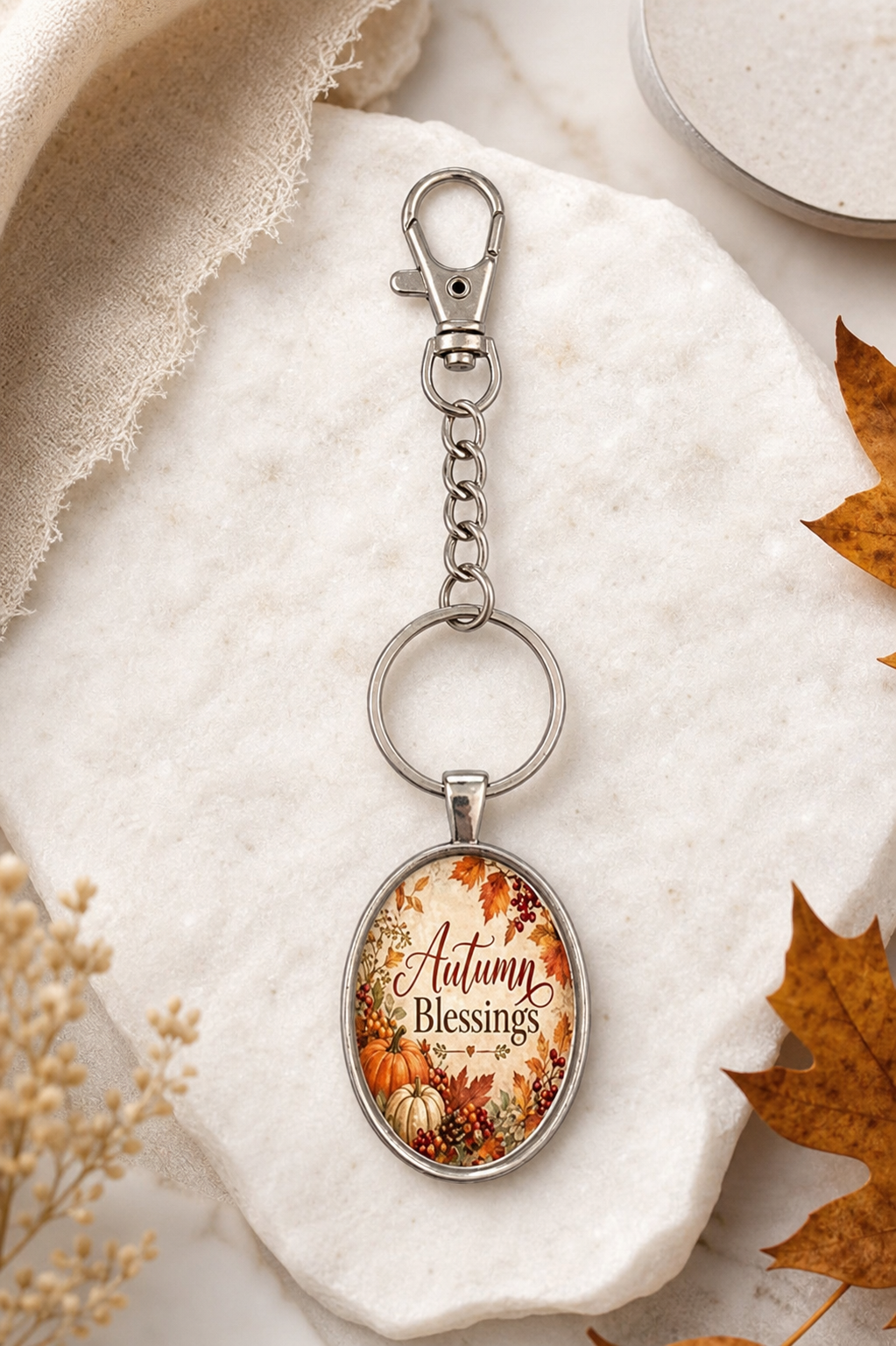 Autumn Blessings Oval Pendant Keychain,Studio7Fashion