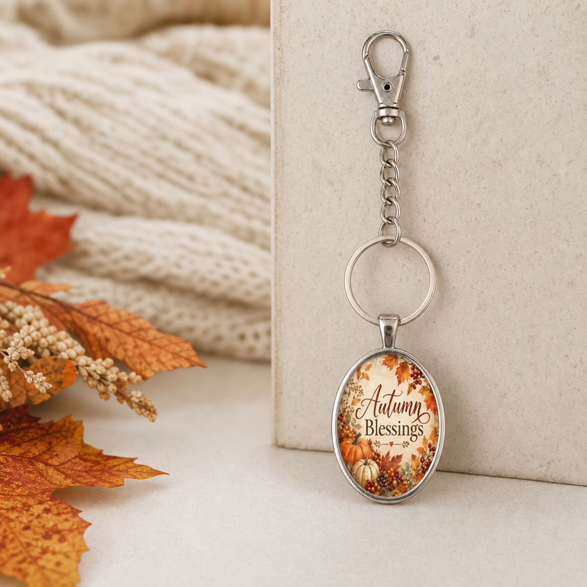 Autumn Blessings Oval Pendant Keychain,Studio7Fashion