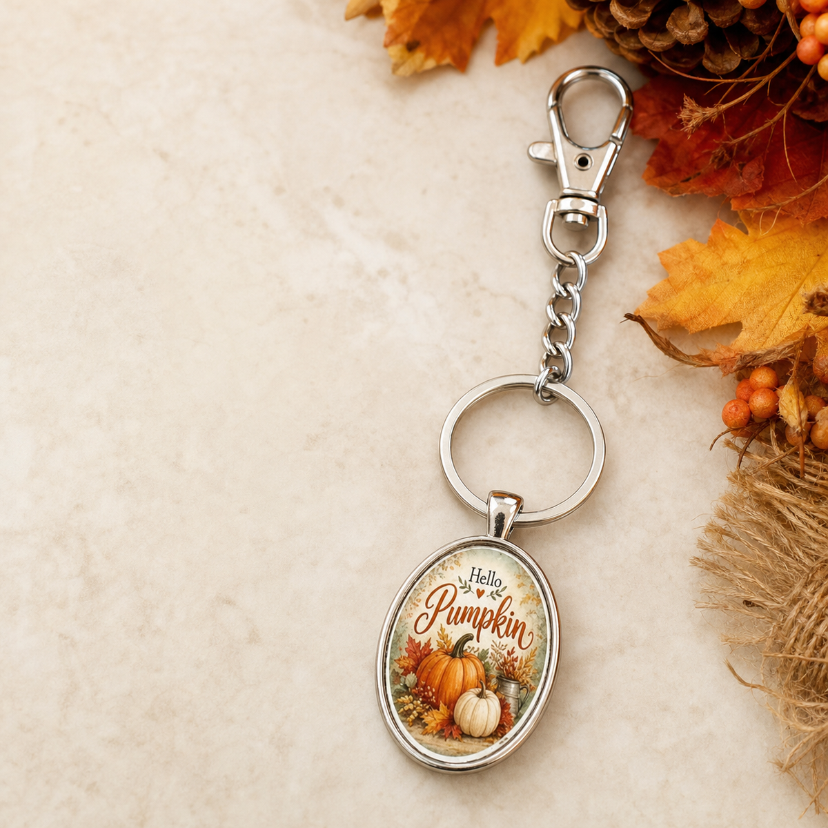 Hello Pumpkin Oval Pumpkin Keychain,Studio7Fashion