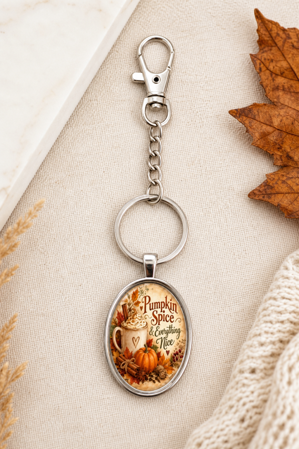 Pumpkin Spice & Everything Nice Oval Keychain,Studio7Fashion