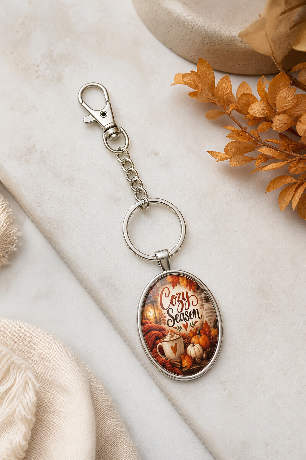 Cozy Season Oval Glass Cabochon Keychain,Studio7Fashion