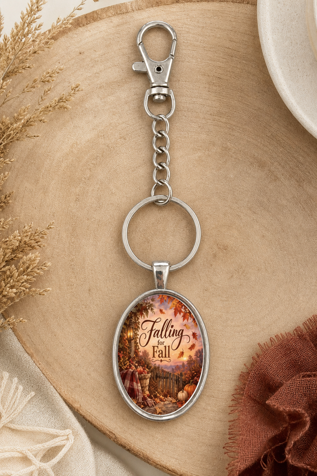 Falling for Fall Oval Stainless Steel Keychain,Studio7Fashion