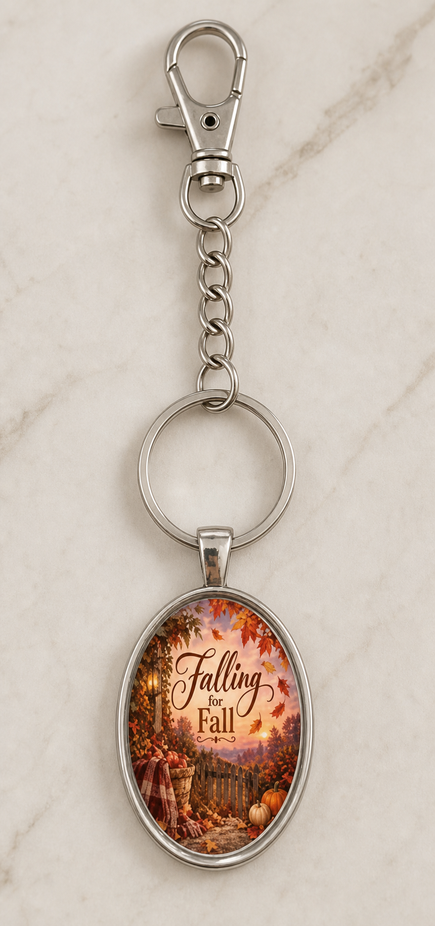keychain, autumn keychain, fall keychain, falling for fall, oval keychain, stainless steel, glass cabochon, seasonal accessory, fall gift, gift, unisex accessory,Studio7Fashion