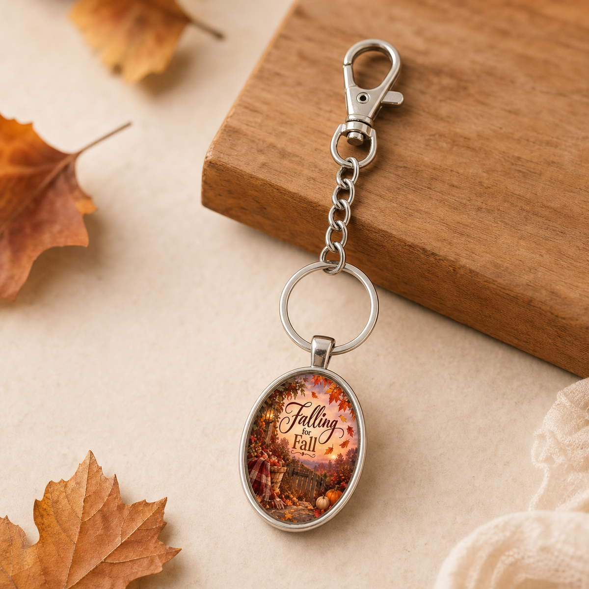 Falling for Fall Oval Stainless Steel Keychain,Studio7Fashion