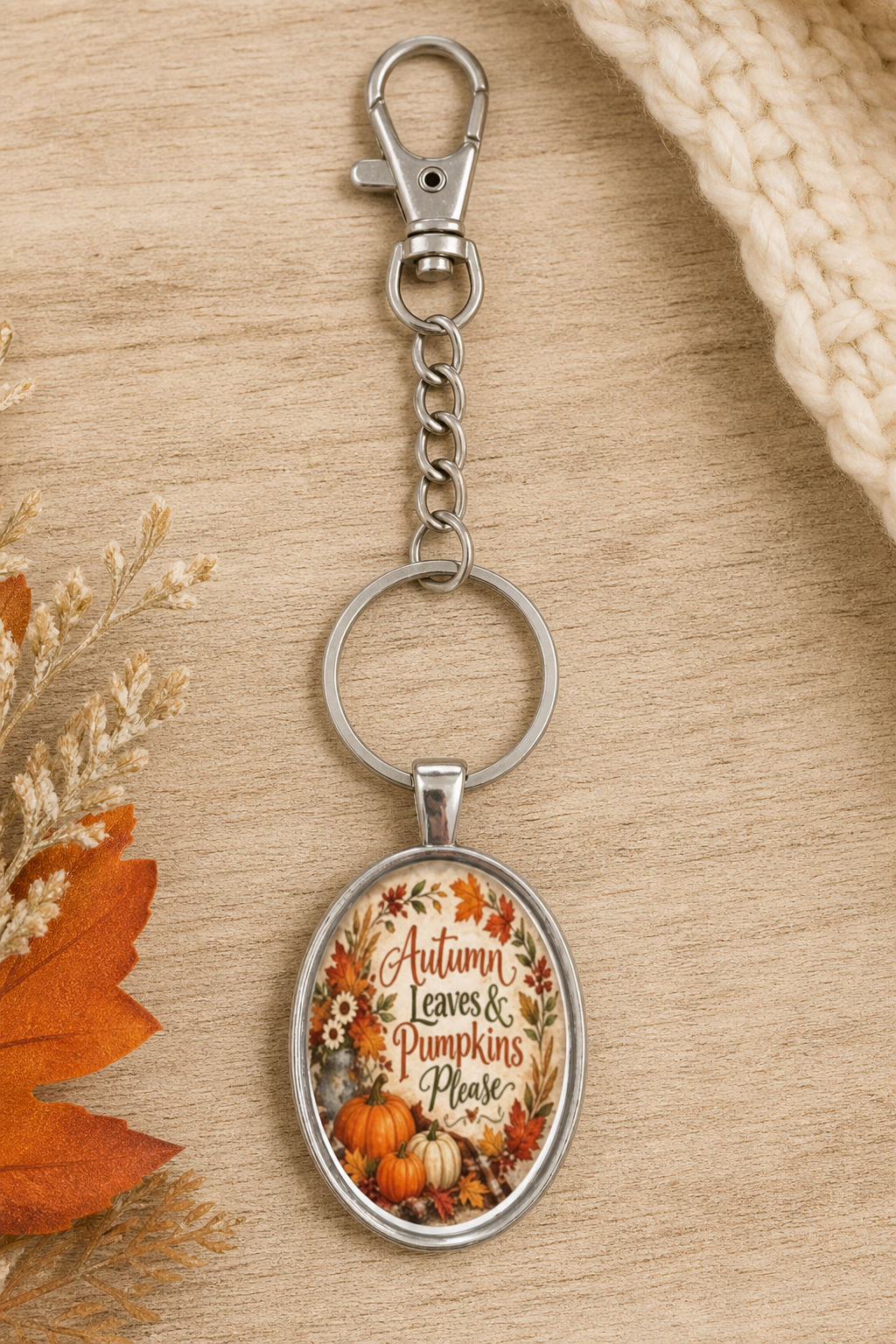 Autumn Leaves & Pumpkins Please Oval Keychain,Studio7Fashion