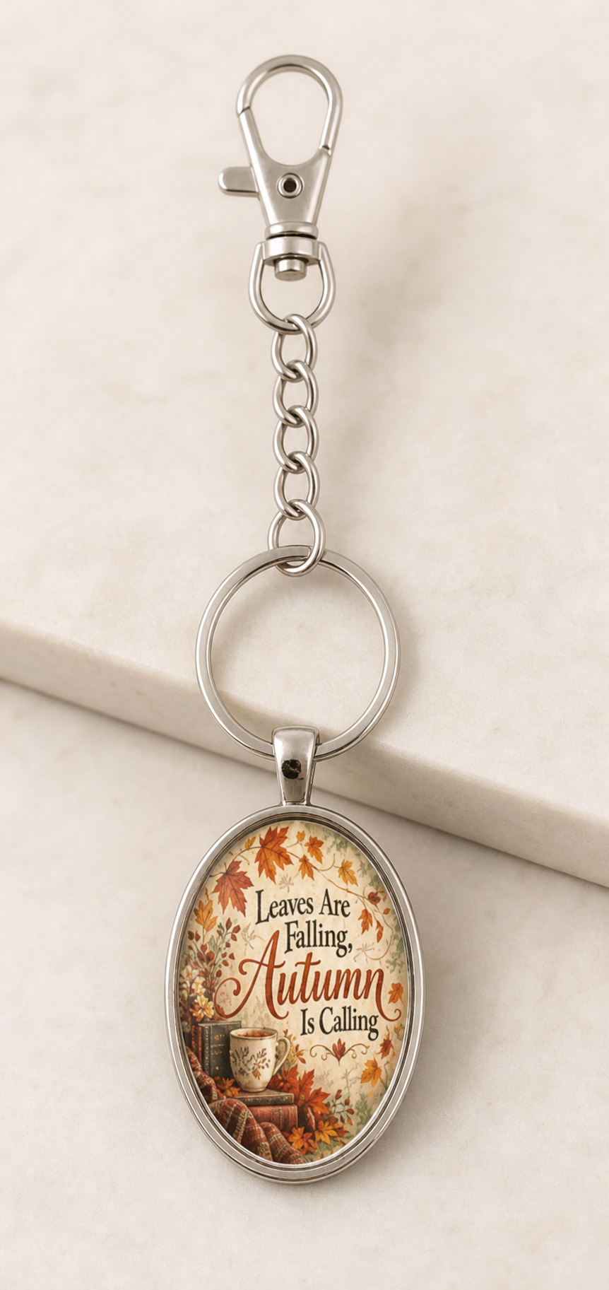 keychain, autumn keychain, fall accessory, oval keychain, seasonal gift, fall gift, leaves, pumpkins, glass cabochon, stainless steel, everyday accessory,Studio7Fashion
