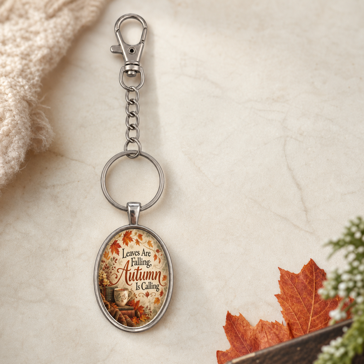Leaves Are Falling Autumn Is Calling Oval Keychain,Studio7Fashion