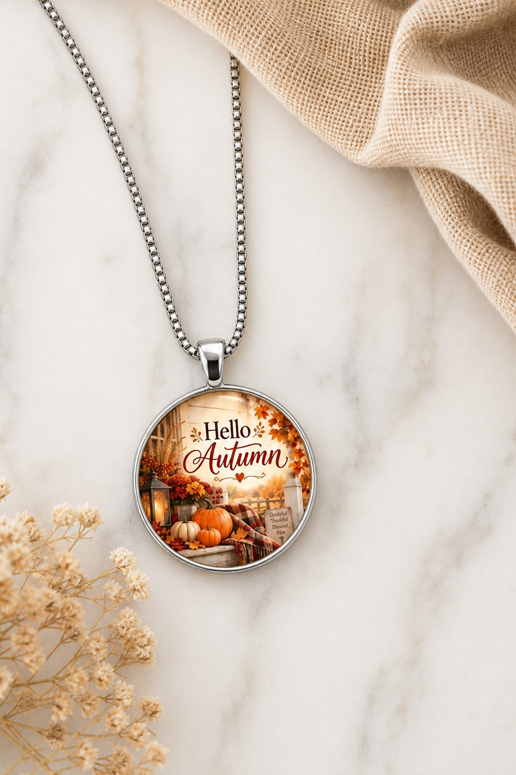 Hello Autumn Pumpkin Scene Necklace,Studio7Fashion