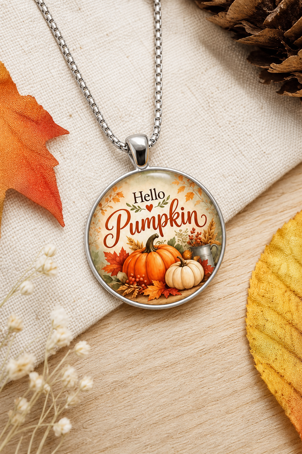 Hello Pumpkin Autumn Round Pendant Necklace,Studio7Fashion