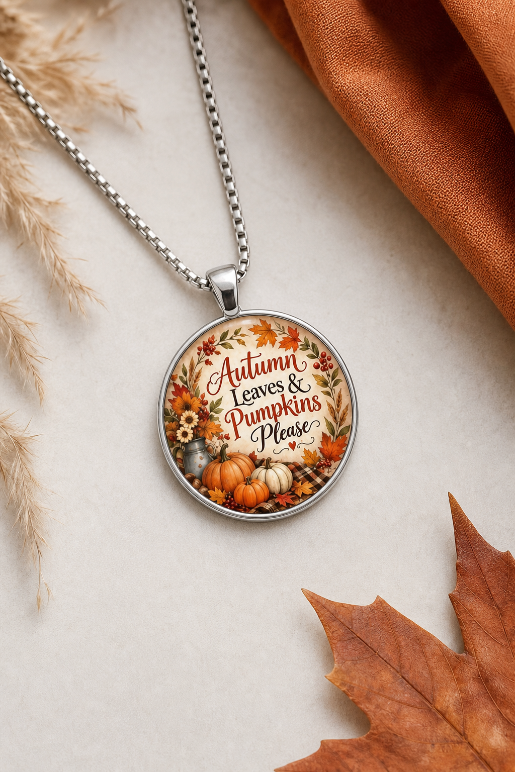 Autumn Leaves & Pumpkins Please Round Pendant Necklace,Studio7Fashion