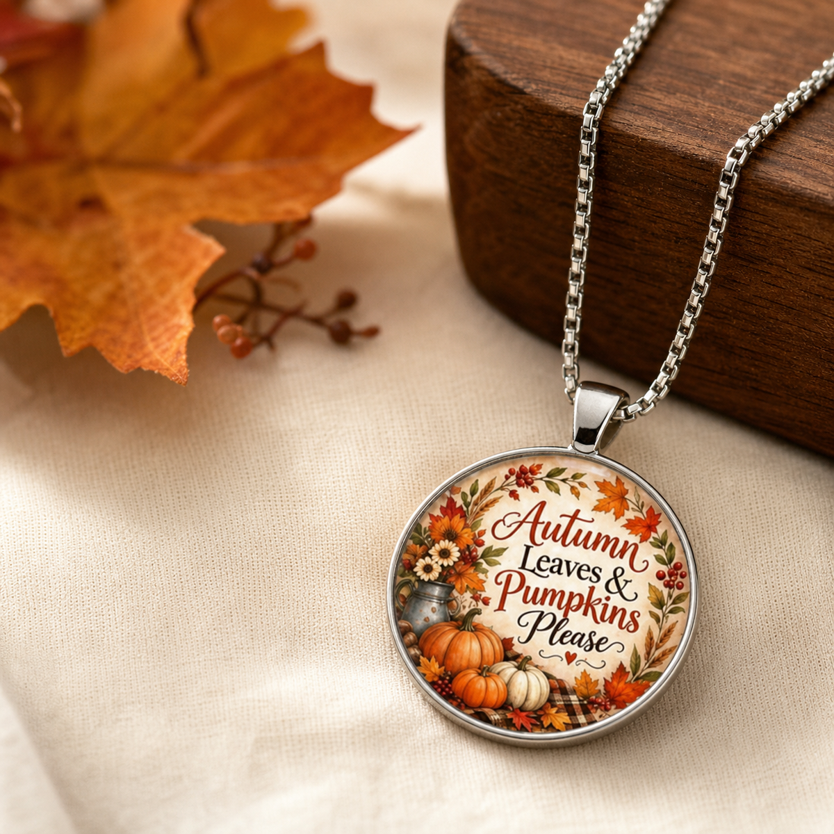 Autumn Leaves & Pumpkins Please Round Pendant Necklace,Studio7Fashion
