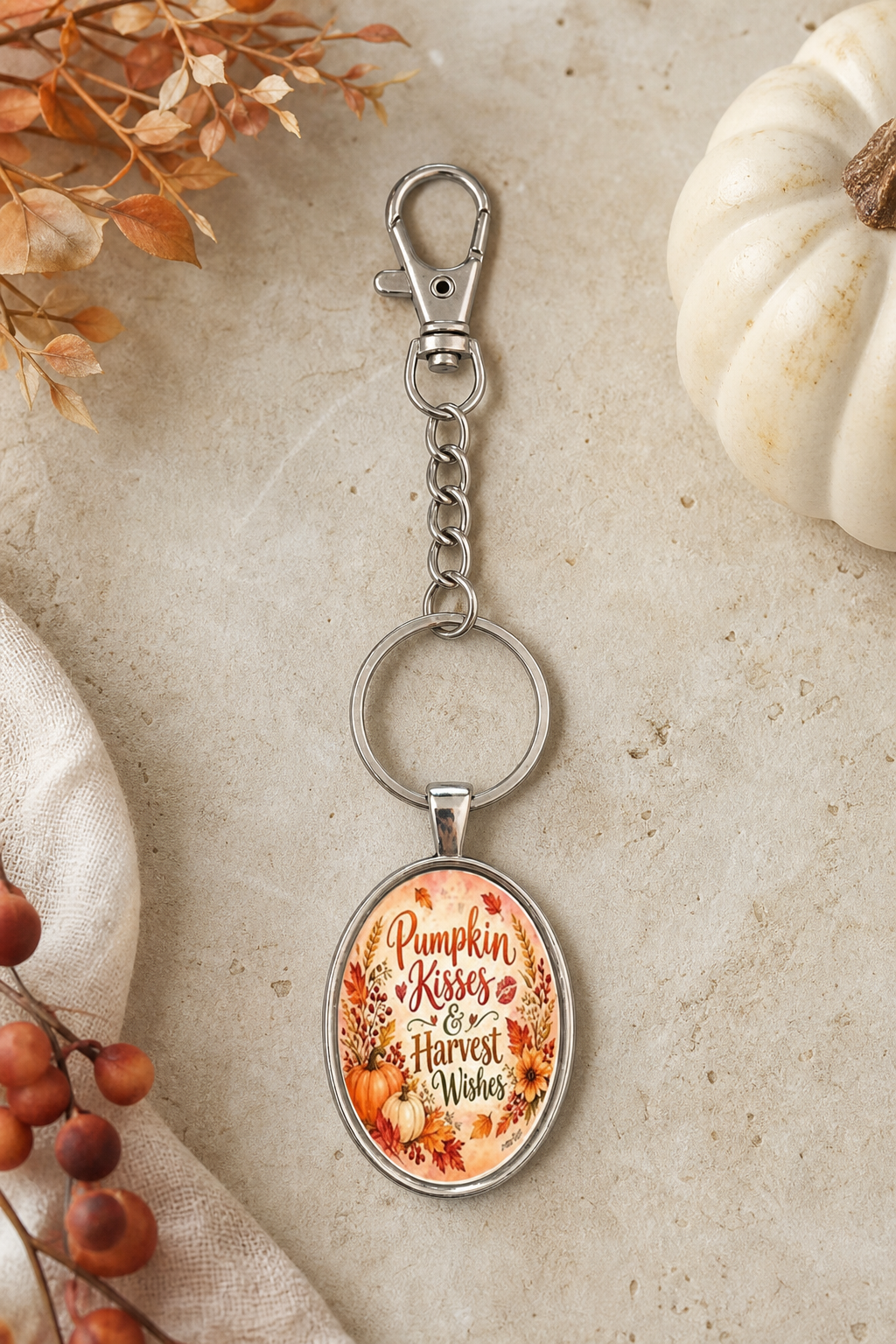 Pumpkin Kisses & Harvest Wishes Oval Keychain,Studio7Fashion