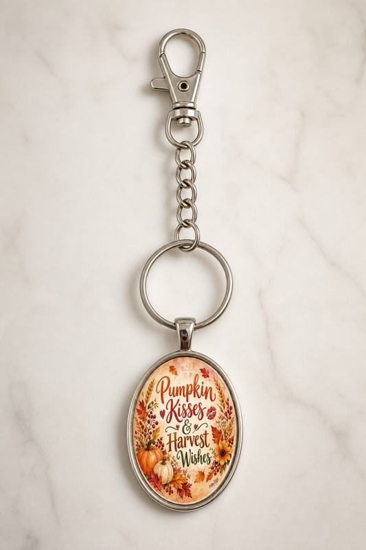 keychain, fall keychain, autumn accessory, pumpkin keychain, harvest, pumpkin kisses and harvest wishes, seasonal gift, gift idea, orange, floral, everyday accessory,Studio7Fashion