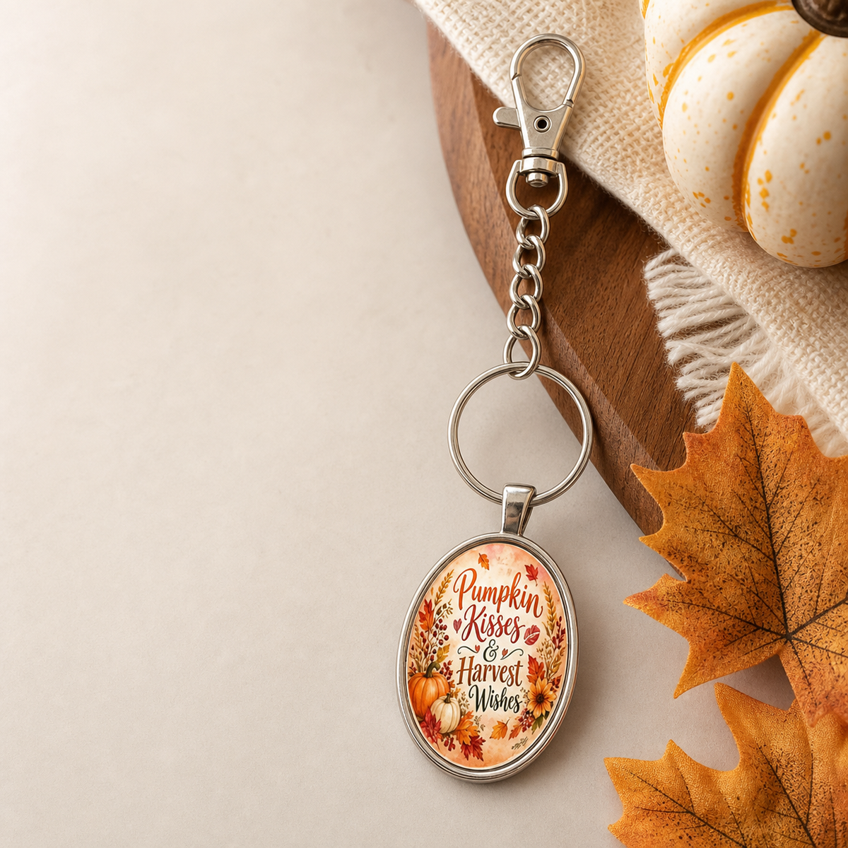 Pumpkin Kisses & Harvest Wishes Oval Keychain,Studio7Fashion