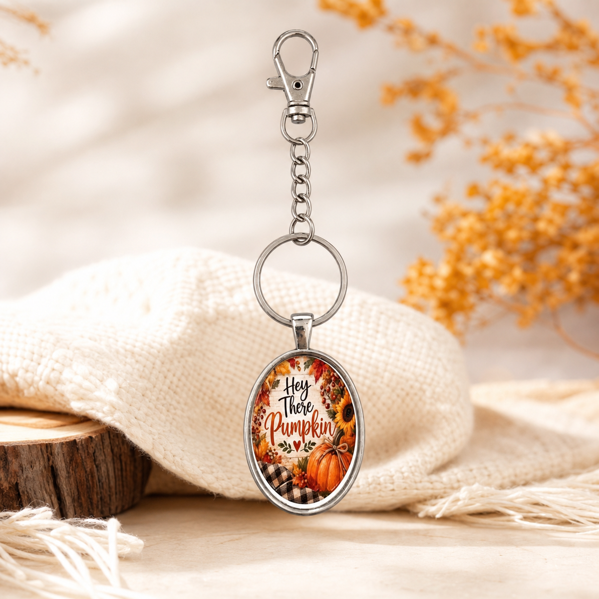 Hey There Pumpkin Oval Pumpkin Keychain,Studio7Fashion