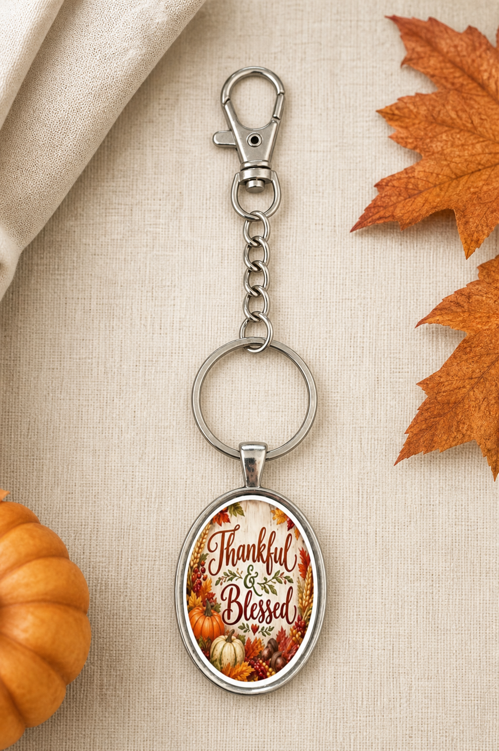 Thankful and Blessed Oval Pumpkin Keychain,Studio7Fashion