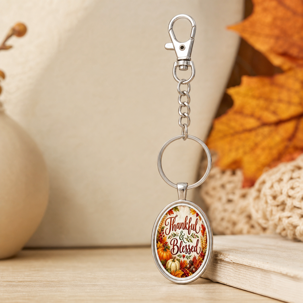 Thankful and Blessed Oval Pumpkin Keychain,Studio7Fashion