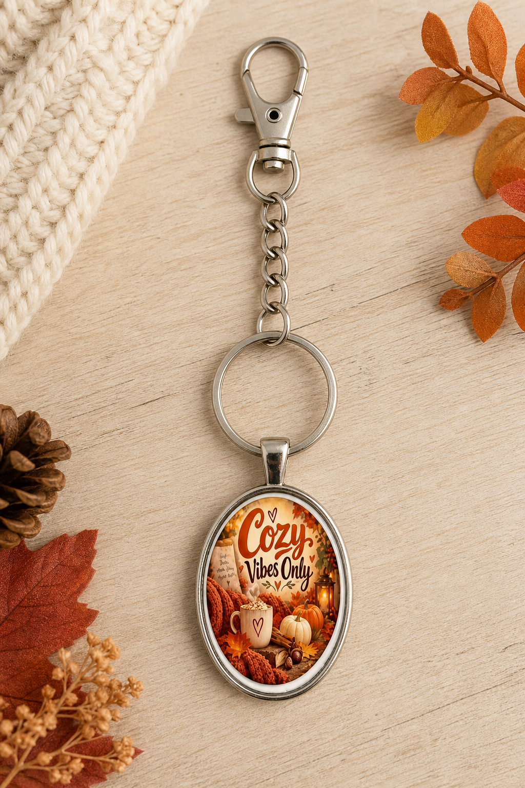 Cozy Vibes Only Autumn Oval Keychain,Studio7Fashion
