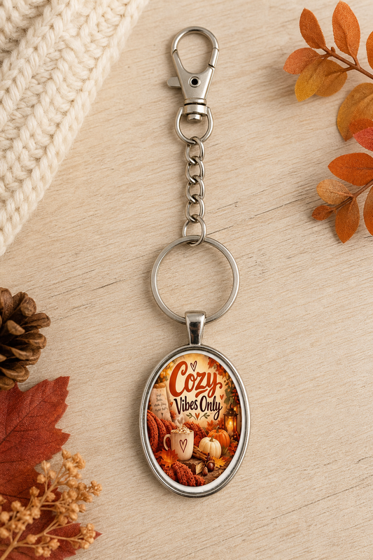 Cozy Vibes Only Autumn Oval Keychain,Studio7Fashion