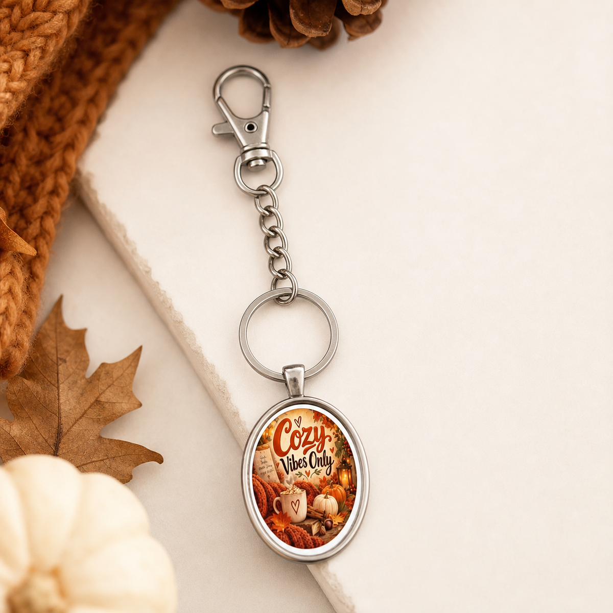 Cozy Vibes Only Autumn Oval Keychain,Studio7Fashion