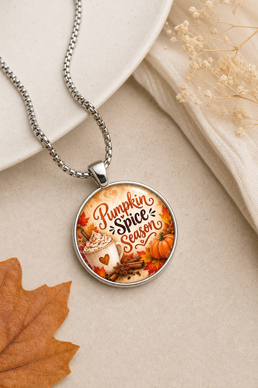Pumpkin Spice Season Round Pendant Necklace,Studio7Fashion