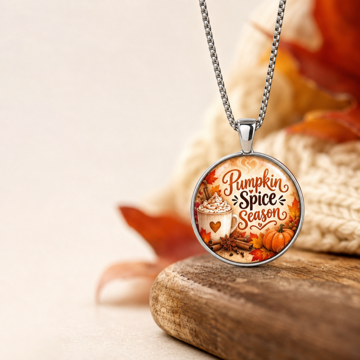 Pumpkin Spice Season Round Pendant Necklace,Studio7Fashion