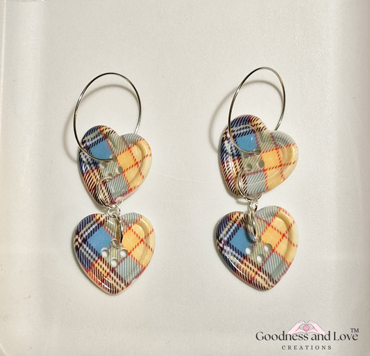 Blue Yellow Plaid Heart Earrings