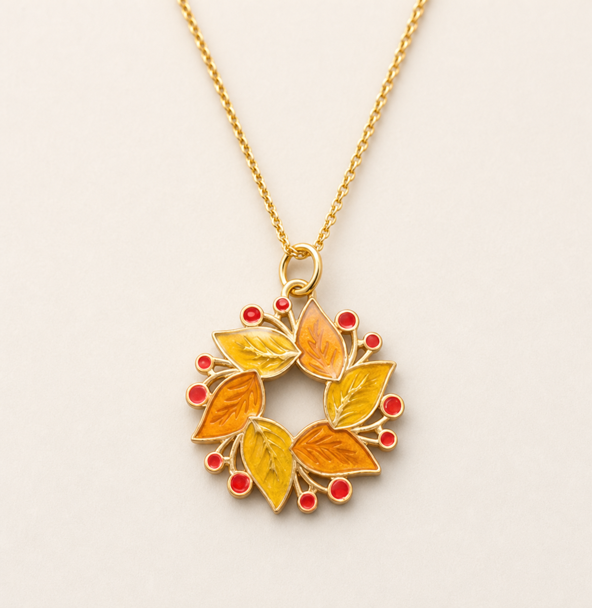 necklace, pendant necklace, autumn jewelry, fall jewelry, leaf necklace, berry necklace, nature inspired, gold-tone jewelry, red accents, seasonal gift,Studio7Fashion