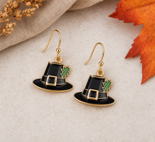 Black Pilgrim Hat Earrings with Green Leaf Accents,Studio7Fashion