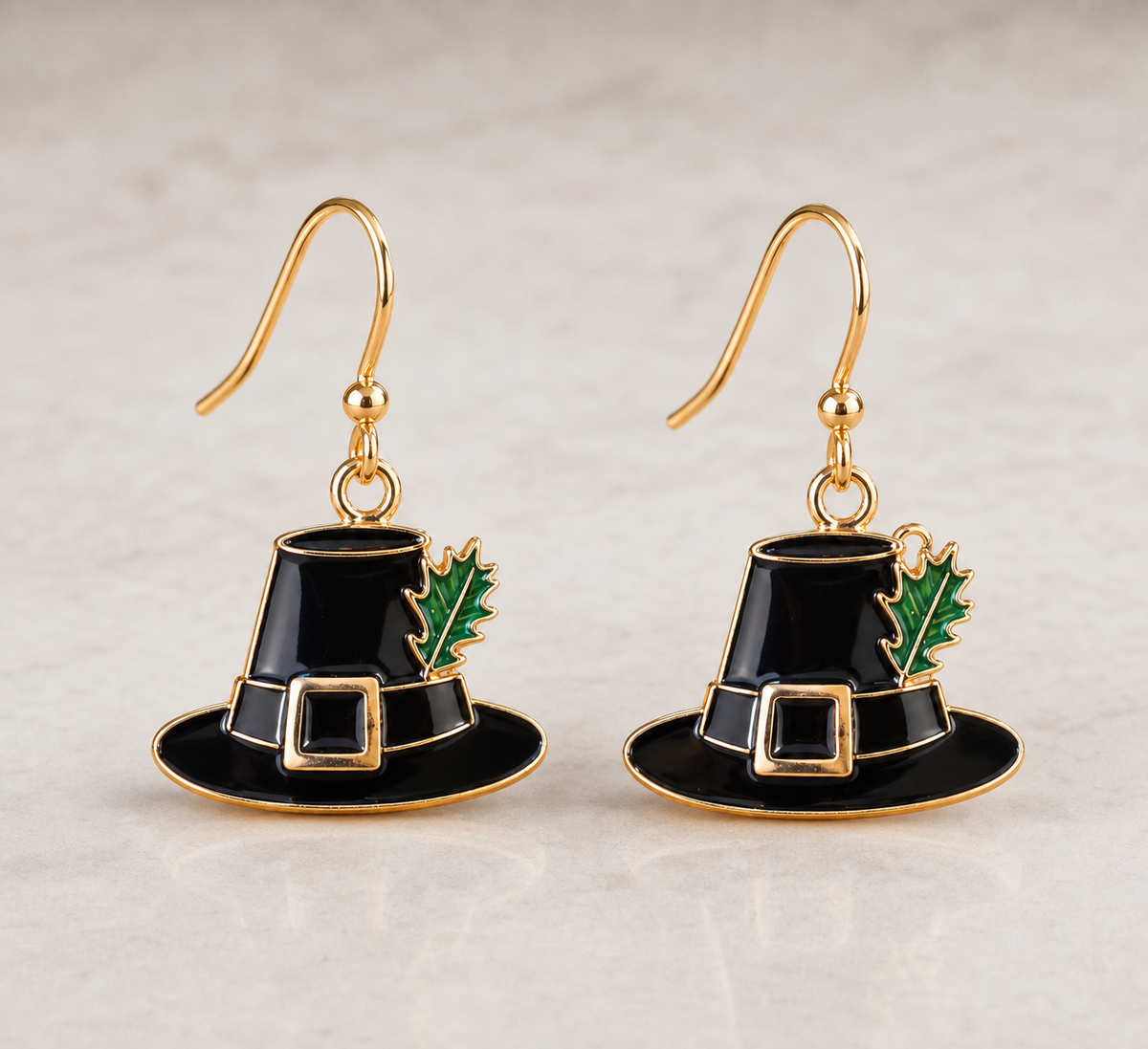 earrings, fall earrings, autumn jewelry, pilgrim hat earrings, seasonal jewelry, black earrings, green leaf jewelry, Thanksgiving jewelry, women's accessories, gift,Studio7Fashion
