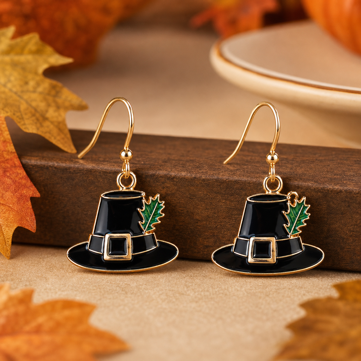 Black Pilgrim Hat Earrings with Green Leaf Accents,Studio7Fashion