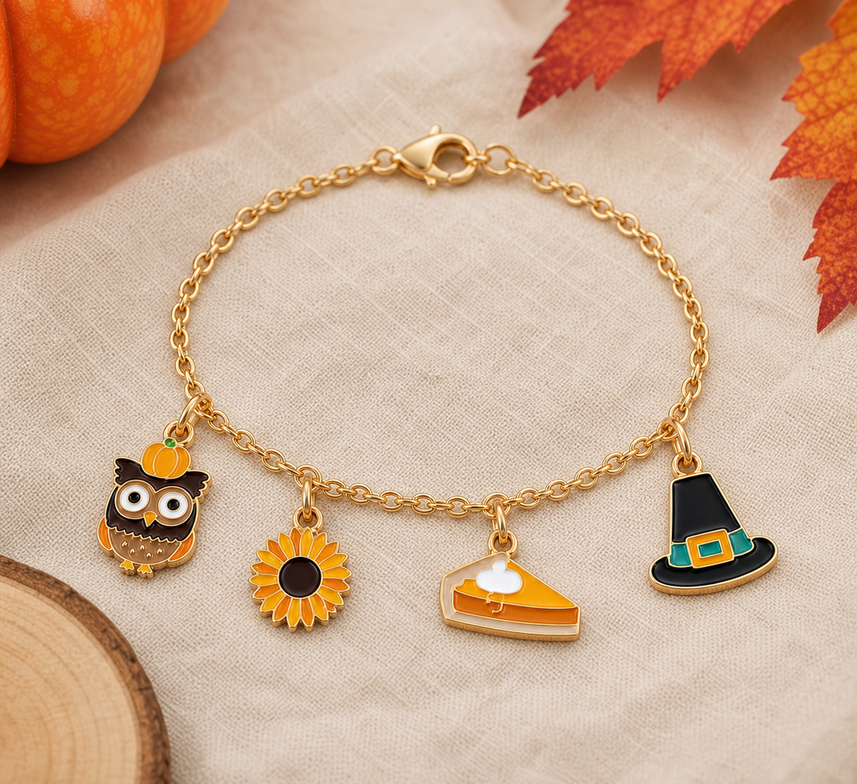 Autumn Charm Bracelet with Owl, Sunflower, Pie Slice and Witch Hat Charms,Studio7Fashion