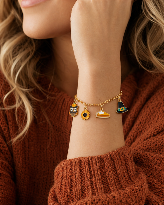 Autumn Owl and Witch Hat Charm Bracelet,Studio7Fashion