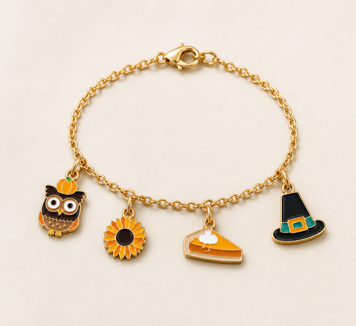 bracelet, charm bracelet, autumn jewelry, fall jewelry, Halloween jewelry, owl charm, sunflower charm, witch hat charm, seasonal accessory, gift, women's jewelry,Studio7Fashion
