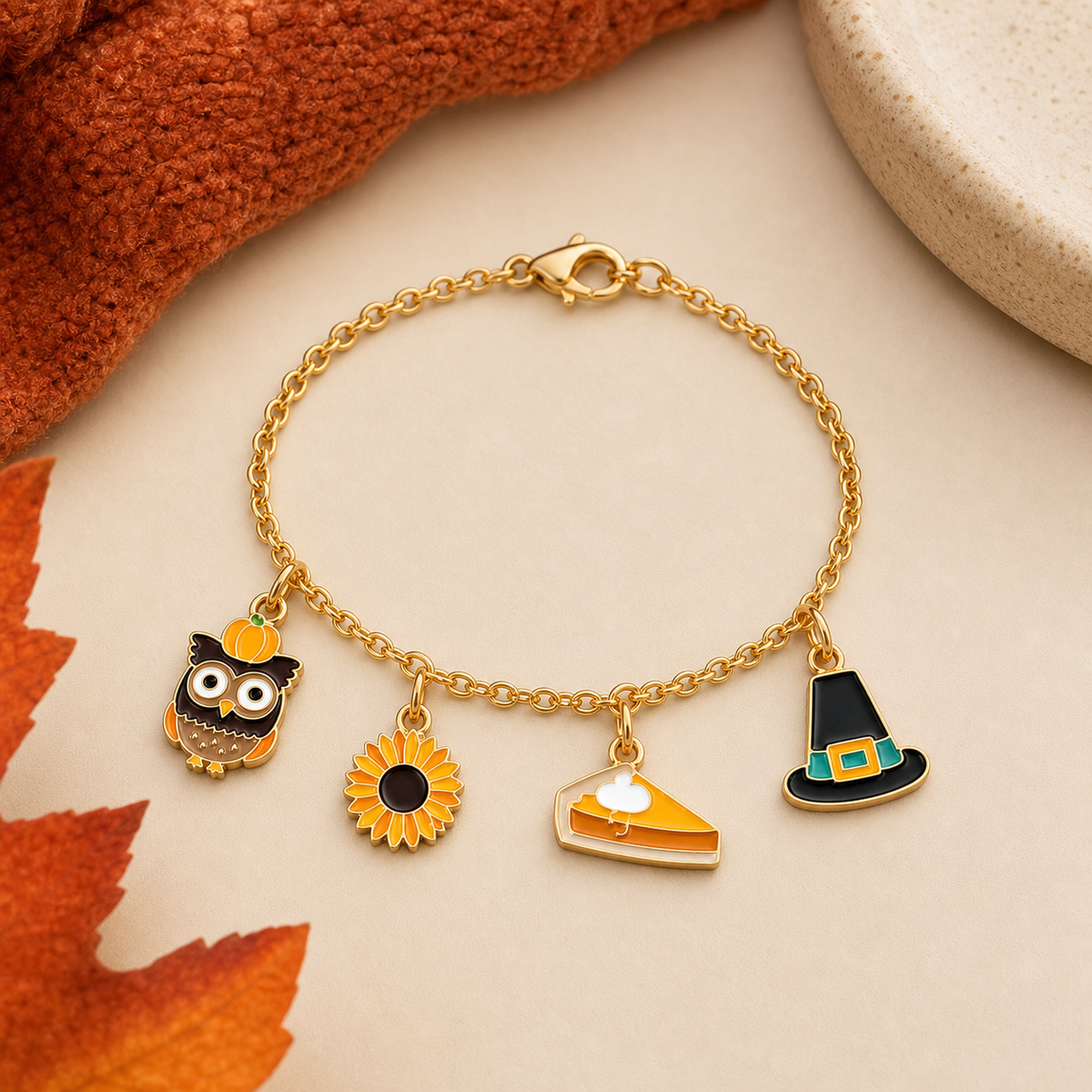 Autumn Charm Bracelet with Owl, Sunflower, Pie Slice and Witch Hat Charms,Studio7Fashion