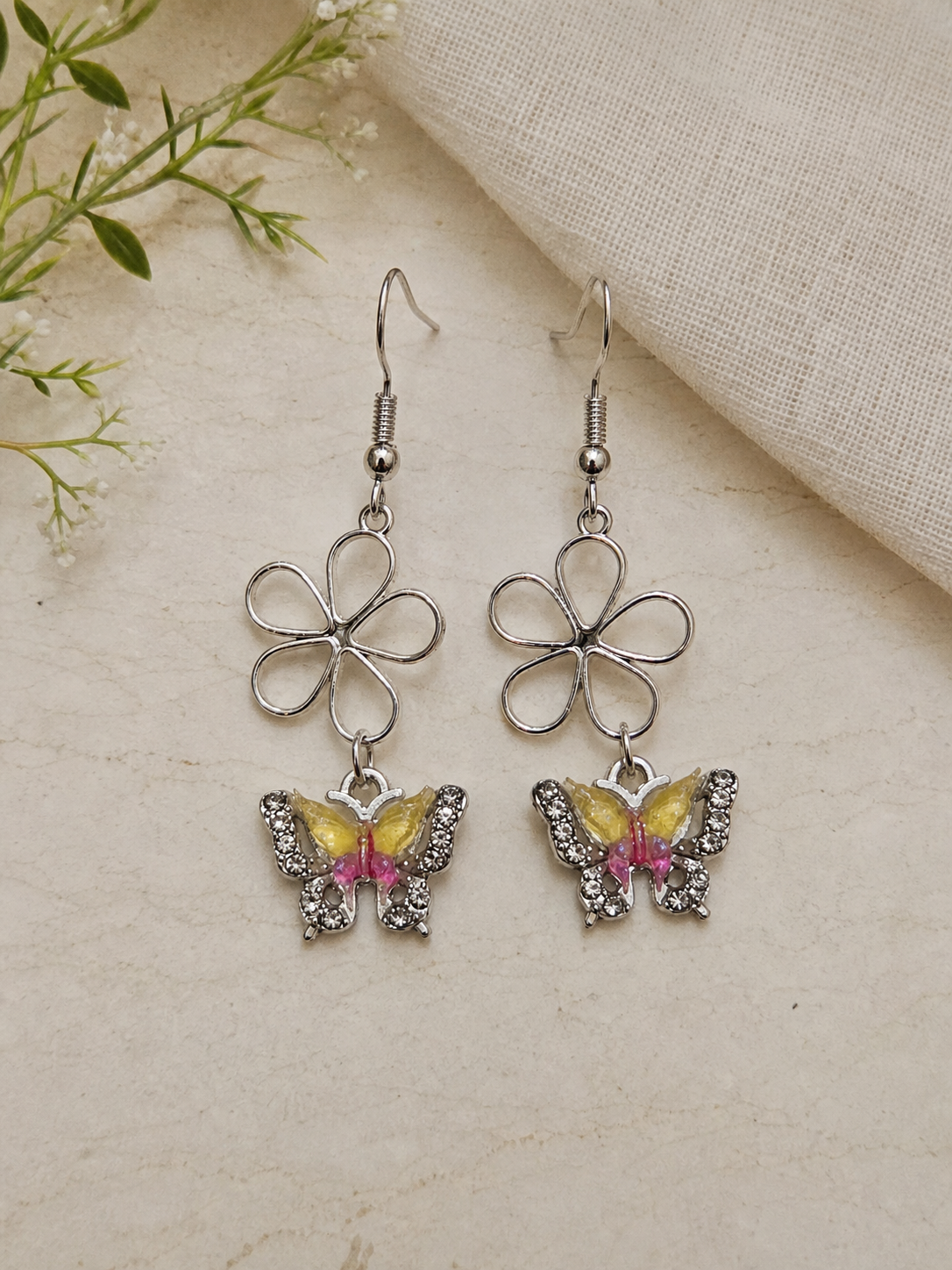 Butterfly and Flower Drop Earrings,Studio7Fashion