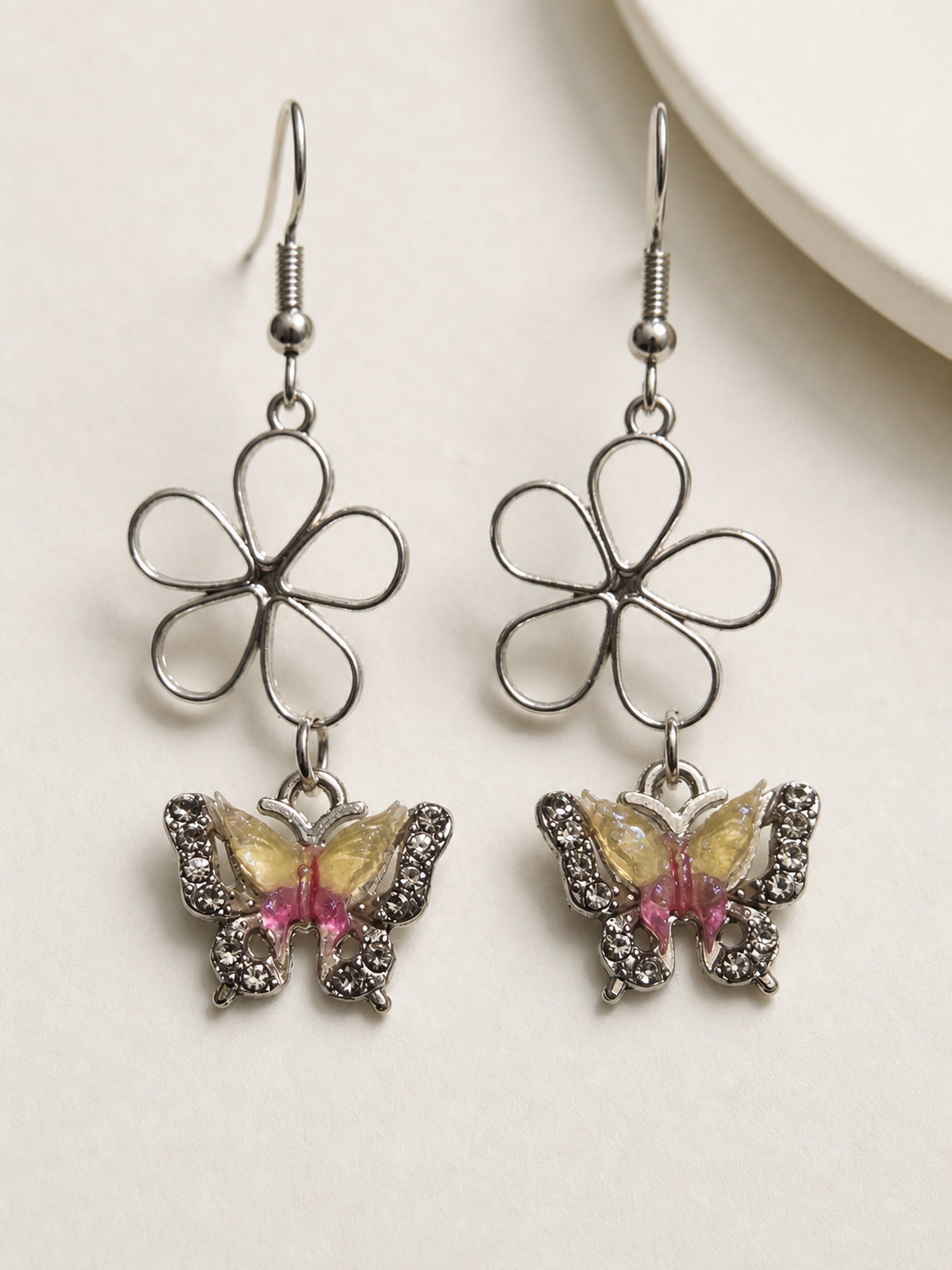 earrings, drop earrings, butterfly earrings, flower earrings, floral jewelry, nature inspired, silver-tone jewelry, yellow jewelry, pink jewelry, handmade jewelry, gift,Studio7Fashion