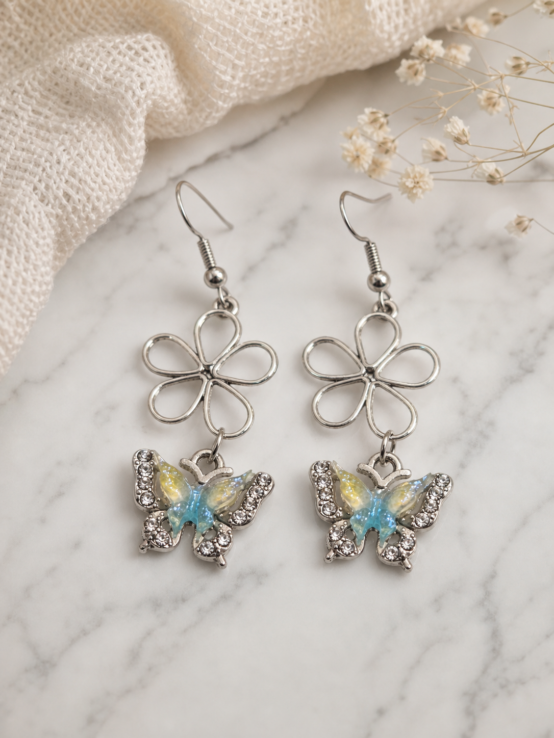 Blue-Green Floral Drop Earrings,Studio7Fashion