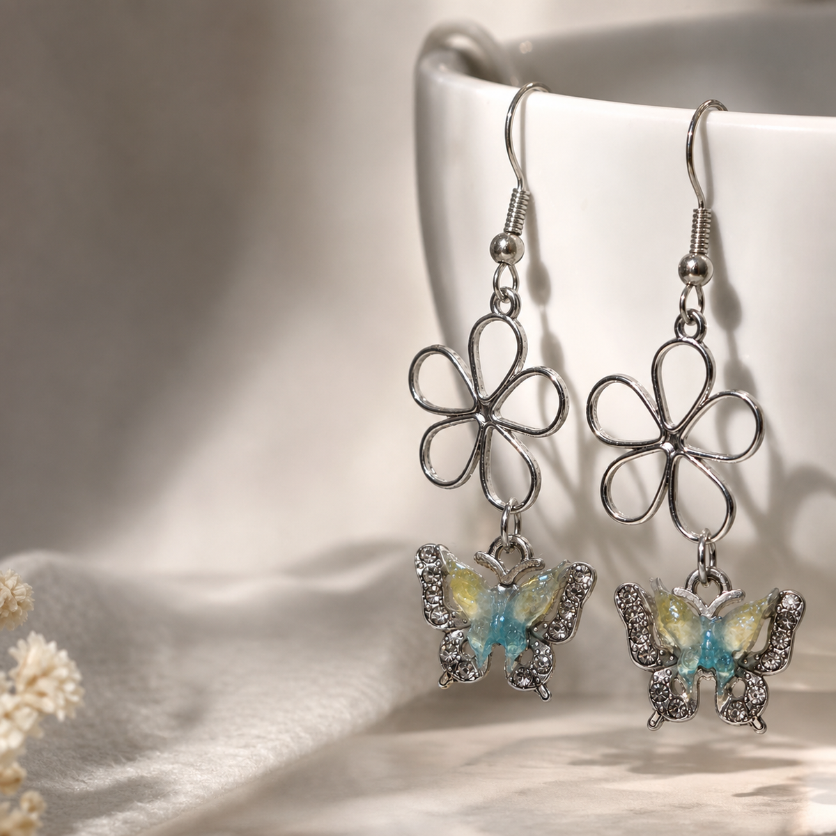 Blue-Green Floral Drop Earrings,Studio7Fashion