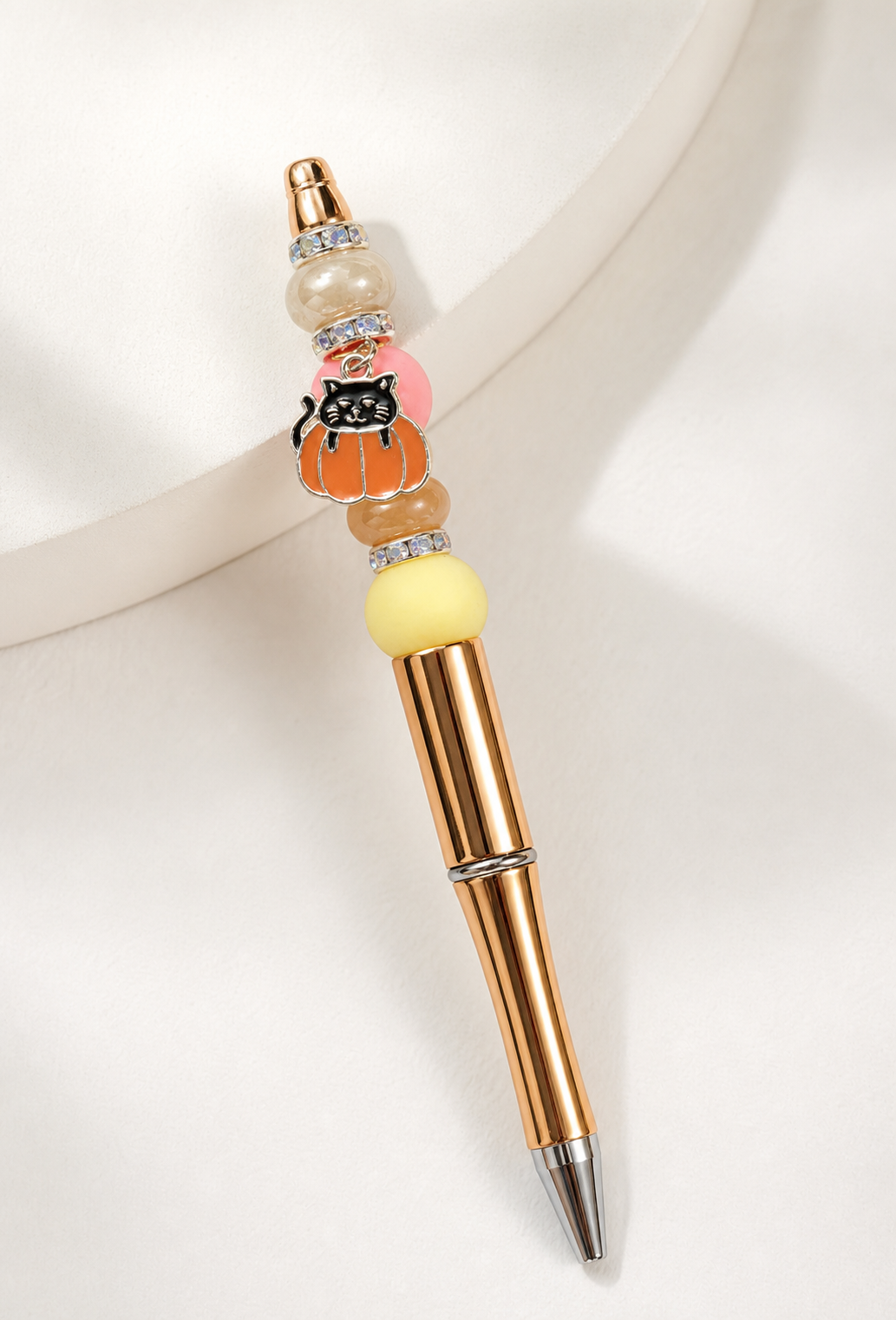 pen, writing instrument, cat pen, pumpkin pen, beaded pen, Halloween, cat lover gift, seasonal stationery, orange, black, pink, peach, yellow,Studio7Fashion