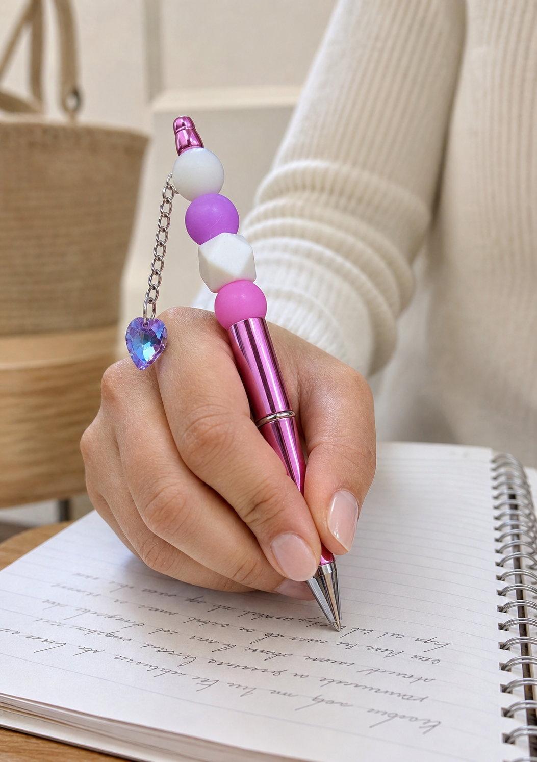 Pink Beaded Pen with Blue Heart Charm,Studio7Fashion