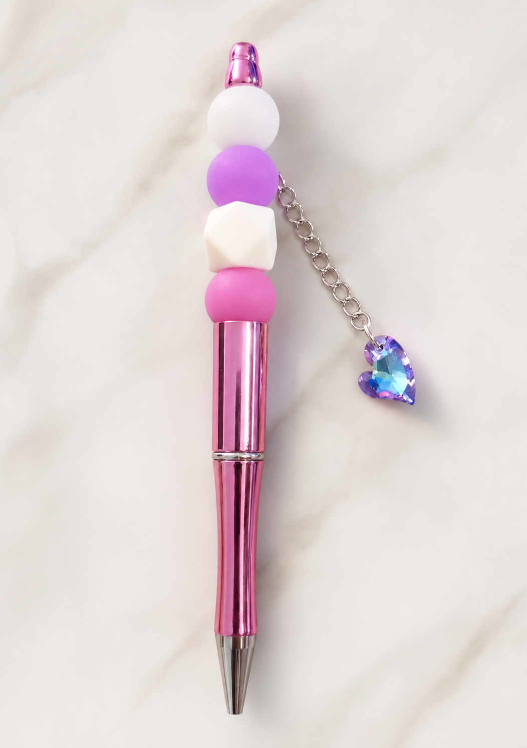 pen, writing instrument, beaded pen, pink pen, heart charm, blue heart, colorful stationery, office supplies, desk accessory, gift,Studio7Fashion
