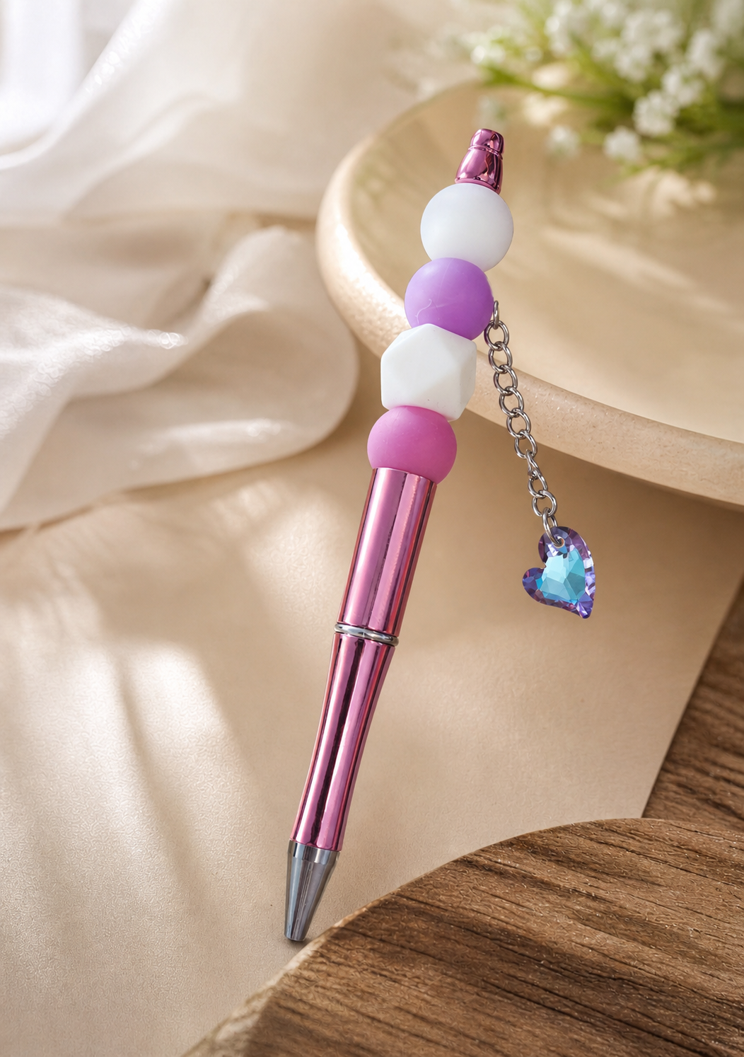 Pink Beaded Heart Charm Pen,Studio7Fashion
